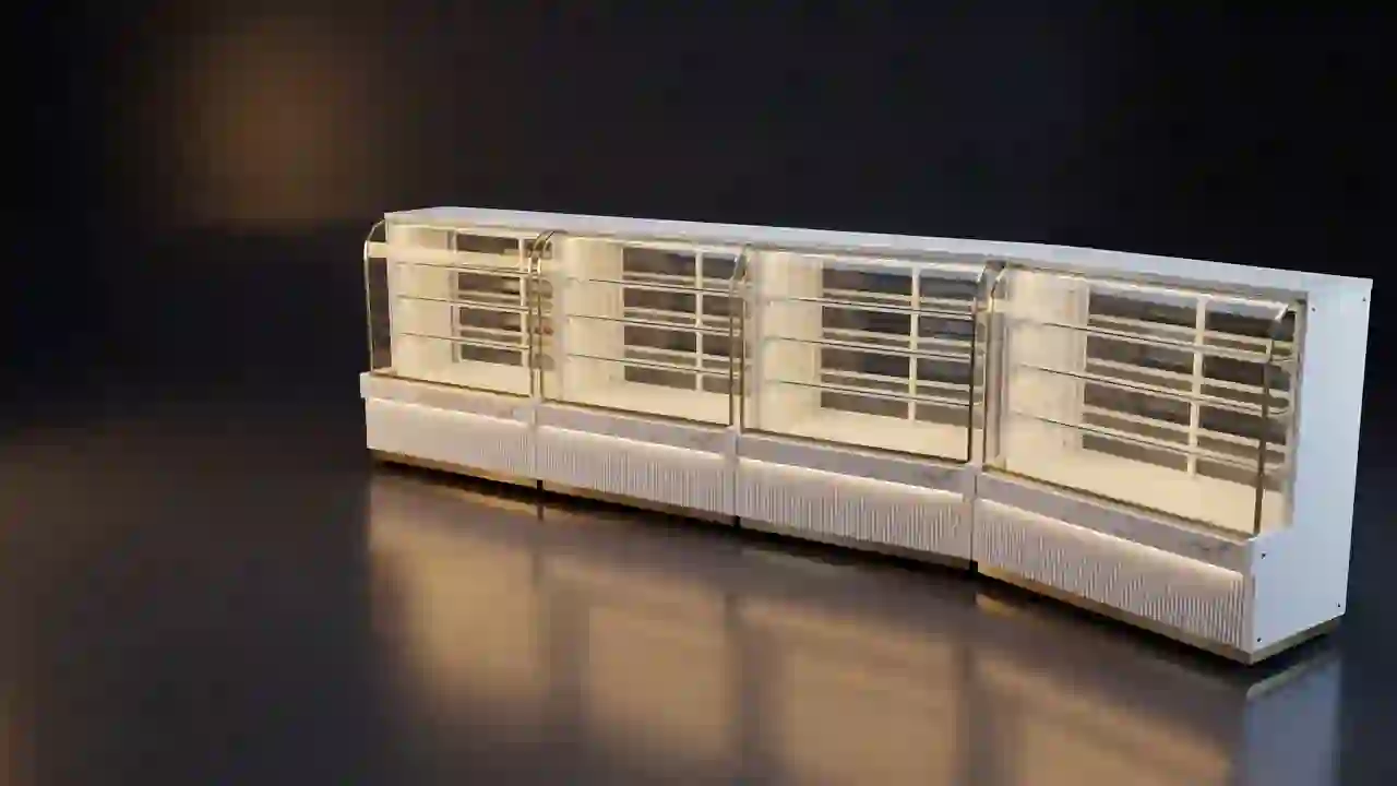 Adanos vitrinekasten naast elkaar met een hoekmodule van 90°